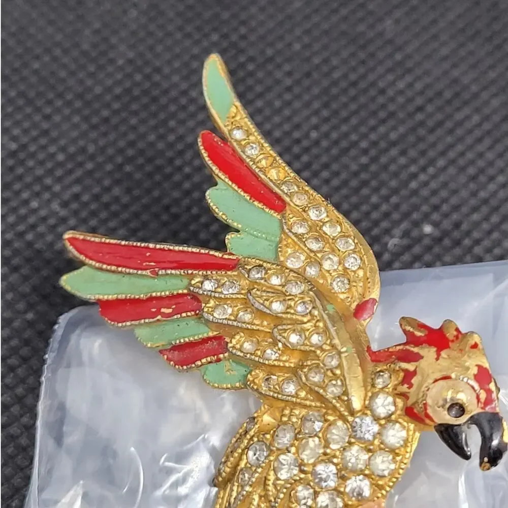 Vintage Parrot‎ Brooch Gold Tone Red Green Enamel Whimsical Animalcore